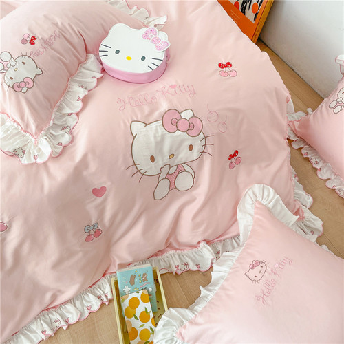 Girly heart 60 count long-staple cotton four-piece set 100% cotton pink Kitty cat patch embroidered lace quilt cover bedding