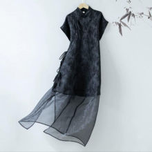 外贸原单出口中国风提花斜襟盘扣改良旗袍裙女气质显瘦立领连衣裙