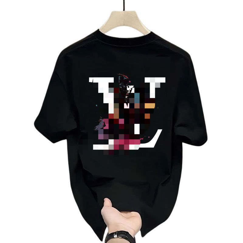 Men's Summer Short-Sleeved T-Shirt with Colorful Splash Ink Lv Letter Print, Round Neck, Loose Fit, Breathable, Casual Style, Wholesale