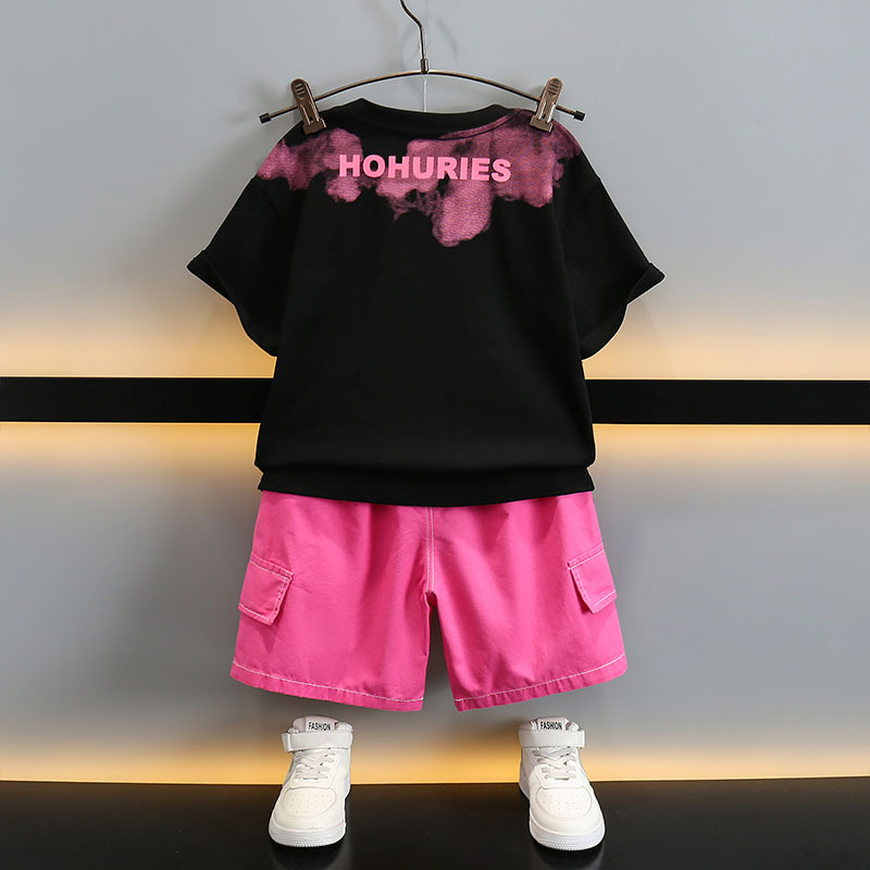 5714 Traje de camiseta con letras para niños 2025 Nuevo estilo Ropa de verano para niños Traje de dos piezas de manga corta de verano para bebés