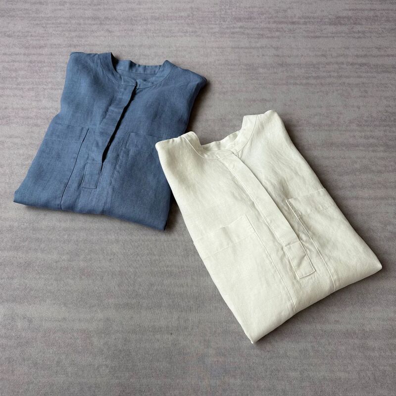 Japanese-Style Artistic Feel 100% Linen! Henley Collar with Multiple Buttons, Lightweight Drawstring Hem, Loose Fit, Slimming Long-Sleeve Shirt for Women
