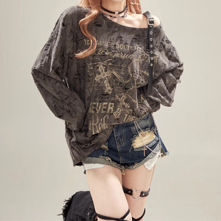 Wasteland Style Off-Shoulder Sexy Printed Blouse Top for Women with Holes and Relaxed Feel, Lazy Long-Sleeved T-Shirt for Summer Sun Protection Trend