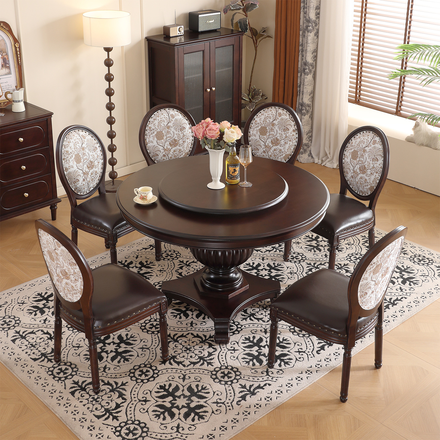 American-Style Round Dining Table, All Solid Wood, Household Round Table with Turntable, Retro 1.3m Mahogany Round Dining Table and Chair Set