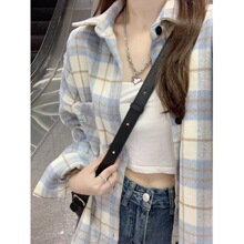 蓝色磨毛格子衬衫女学生秋冬学院风小个子上衣韩系慵懒风长袖外套