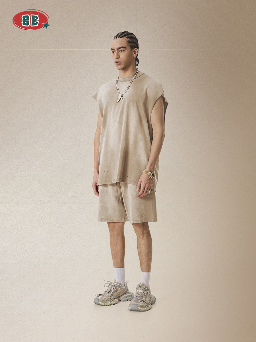 BEメンズ | 2025夏のアメリカのファッションブランドのレトロな古い肩を切ってベストを切った男性スポーツのノースリーブ男性tシャツ