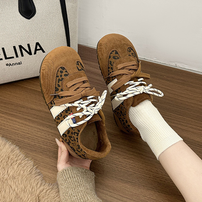 复古风豹纹系带德训鞋女2025年春秋季新款平底防滑百搭休闲运动鞋