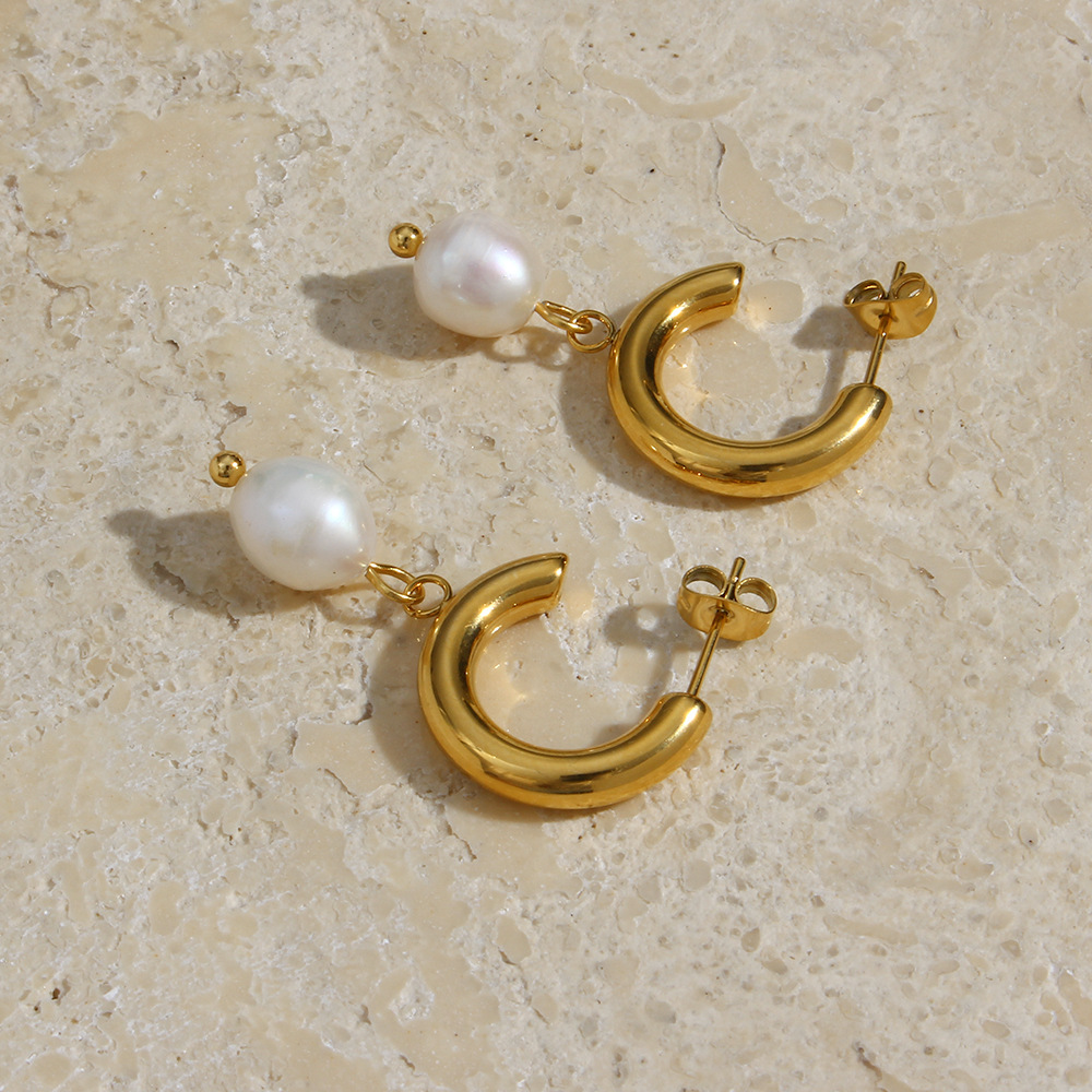 1 Pair Fashion Geometric Plating Stainless Steel Freshwater Pearl 18k Gold Plated Earrings display picture 2