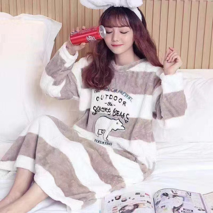 Pijama de lana de coral, pijama de lana de coral largo de invierno para mujeres, franela y lana gruesa, vestido grande, ropa para el hogar