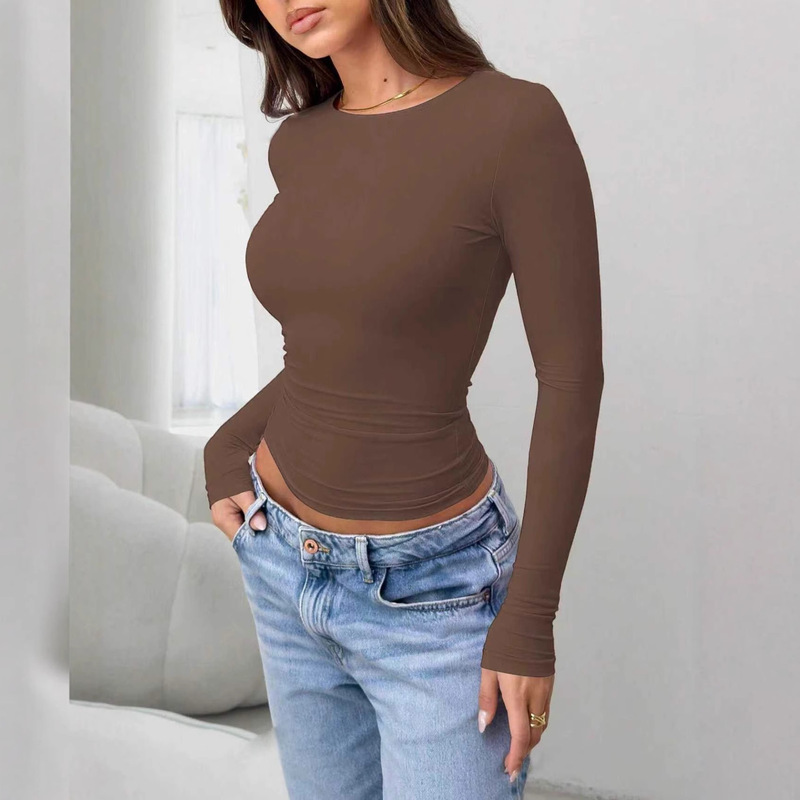 Cross-Border Popular Dark Brown Slim Long-Sleeved Tops Aliexpress Amazon Foreign Trade Slimming and Versatile Basic Models