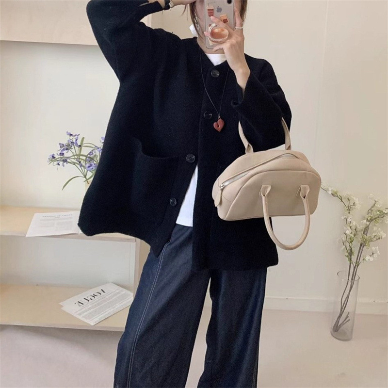 秋冬新款简约时尚气质针织开衫女韩系宽松慵懒风仿双面呢外套上衣|undefined