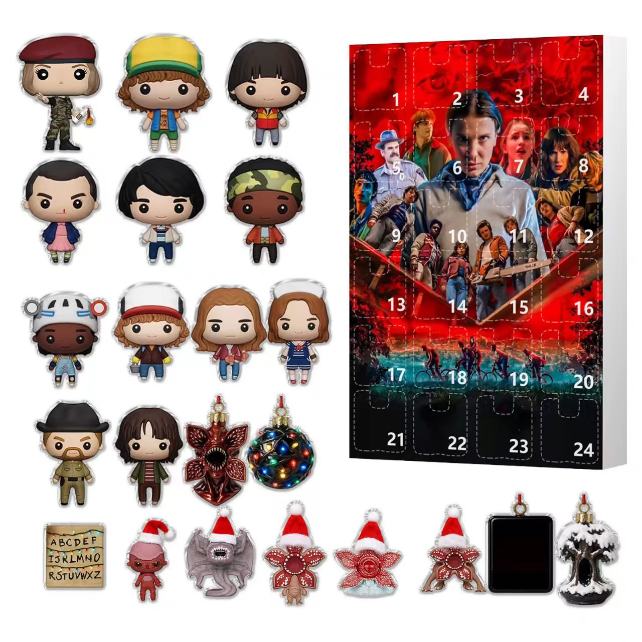 Календарь адвента (Stranger Things) акриловая подвеска обратного отсчета — 24 штуки в банке-орнаменты, размером 26×18×3 см