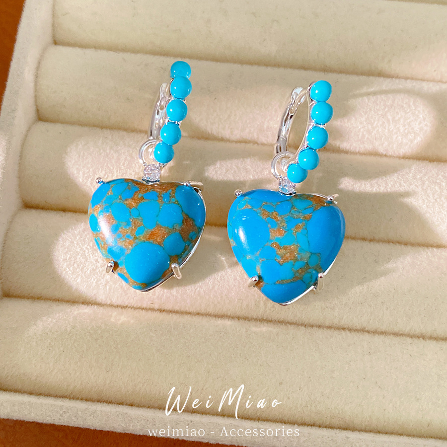 Medieval vintage azul cuentas de piedra amor perlas personalidad pendientes de nicho ligero lujo alta sensación de auriculares