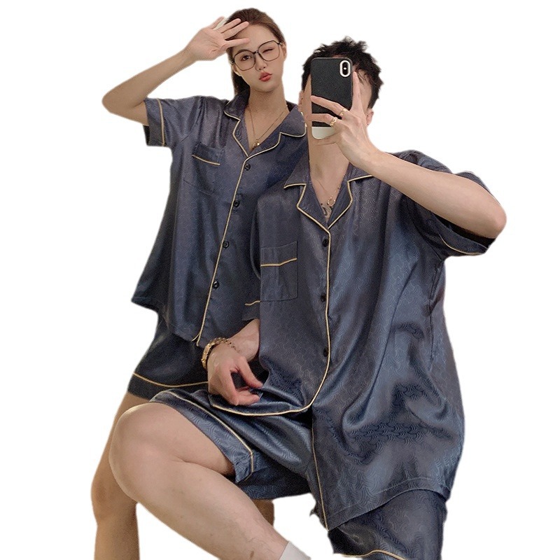 2024 nuevo pijama de pareja de verano de seda de seda de manga corta para hombres delgada más grande set de ropa de casa de seda