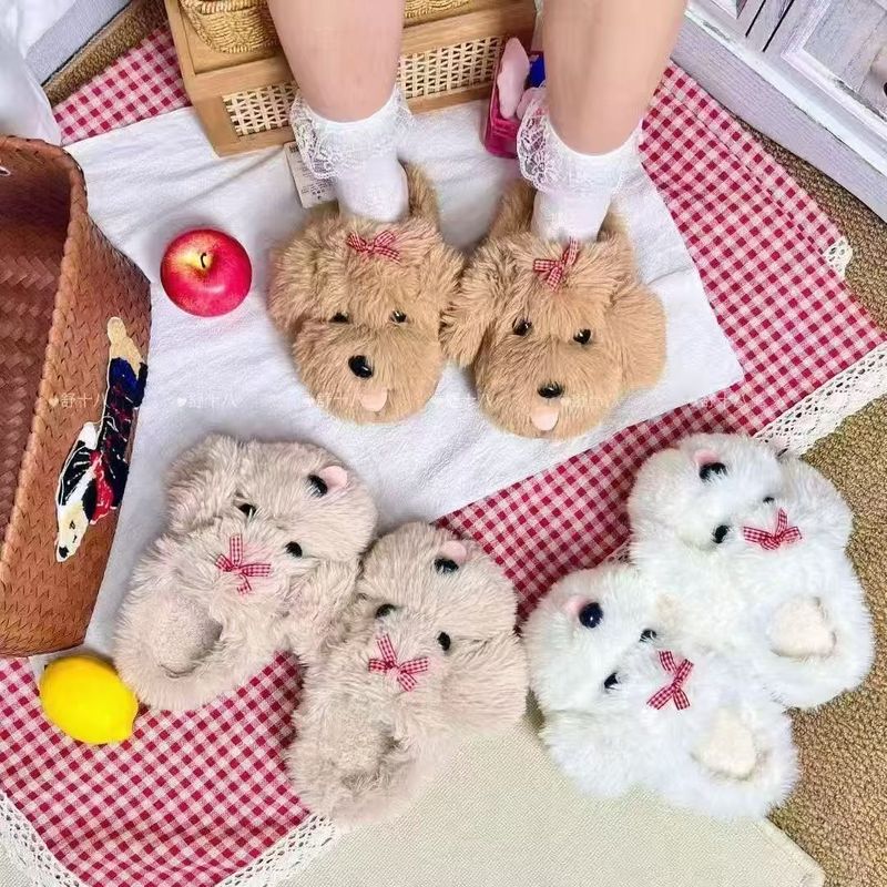 可爱小狗棉拖鞋女秋冬季2025新款蝴蝶结家居室内毛绒保暖地板棉鞋|undefined