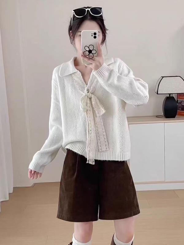 蕾丝系带蝴蝶结针织开衫女2025秋冬新款韩系简约显瘦百搭毛衣外套|undefined