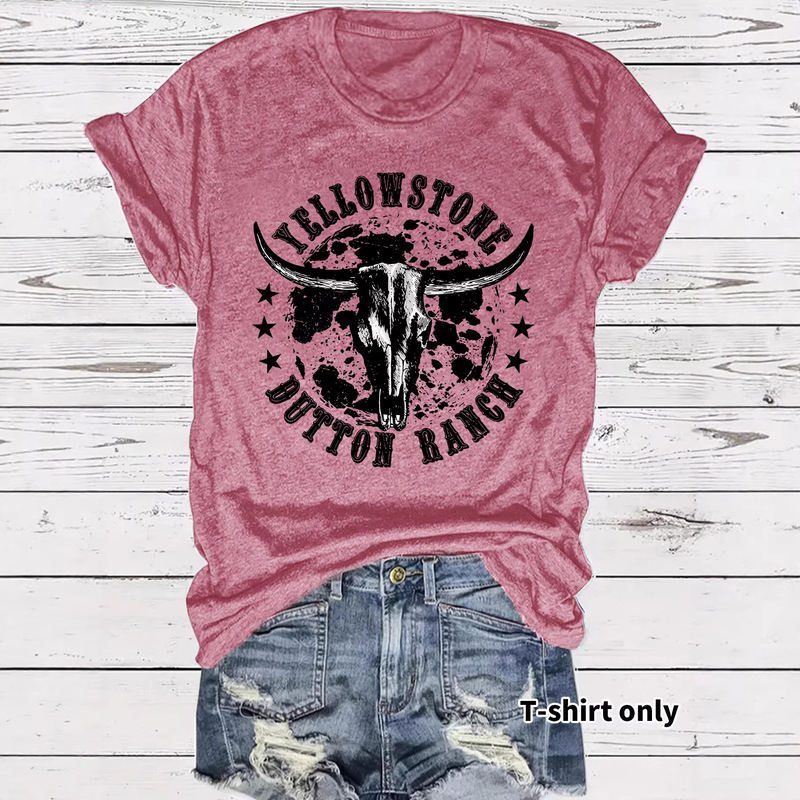 Women's Short-Sleeve T-Shirt for Export, Yellowstone Bull Head Skull Ranch Design, Round Neck, Cross-Border Foreign Trade Top, Summer High-End Style Women's Short-Sleeve T-Shirt for Export, Yellowstone Bull Head Skull Ranch Design, Round Neck, Cross-Border Foreign Trade Top, Summer High-End Style