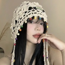 波西米亚风流苏手工针织包头帽子女民族风度假甜美镂空百搭套头帽