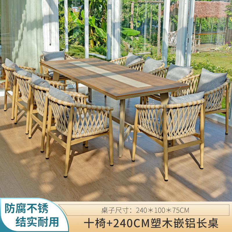 Diez sillas 240cm mesa larga de aluminio con incrustaciones de madera de plástico