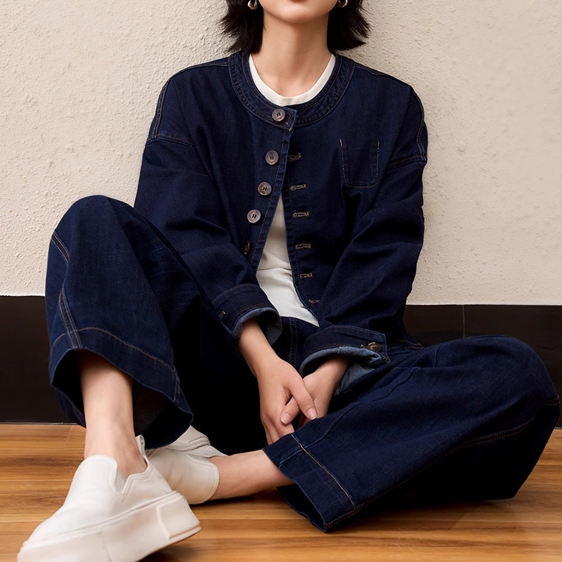 Collarless Denim Short Jacket/Cocoon-Shaped Denim Pants Set, Color-Blocking with Visible Stitching, 2026 Autumn Women's Clothing, Shirt + Pants