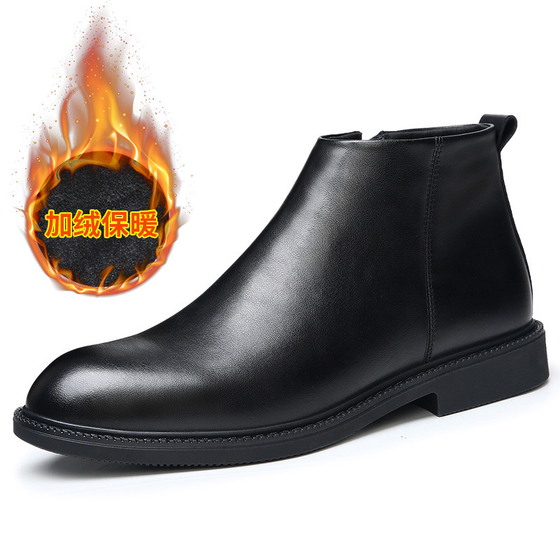Chelsea Boots Men's Autumn and Winter Mid-top Genuine Leather fleece-lined Boots British Style High-top Fashionable All-match Warm Leather Boots 46