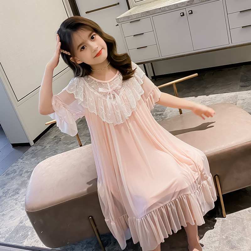 2023 Summer Children Girls Medium and Large Children Thin Short Sleeve Fairy Court Style Sleep Dress Princess Style Girls Baby Girls