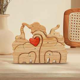 木质摆件温馨一家人母子象套装摆件木质拼图大象与小象实木摆件