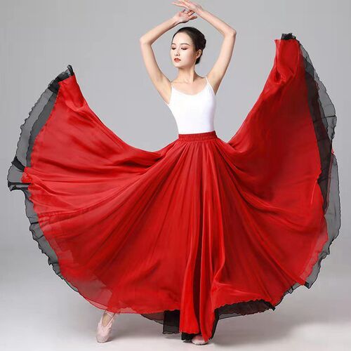 A 720-degree double-layer Tencel flowing maxi skirt, Chinese classical ethnic dance practice costume, showcasing a long skirt.