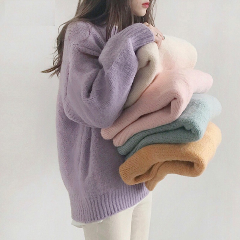 紫色套头毛衣女秋冬外穿宽松慵懒风圆领上衣年新款针织衫加厚|undefined