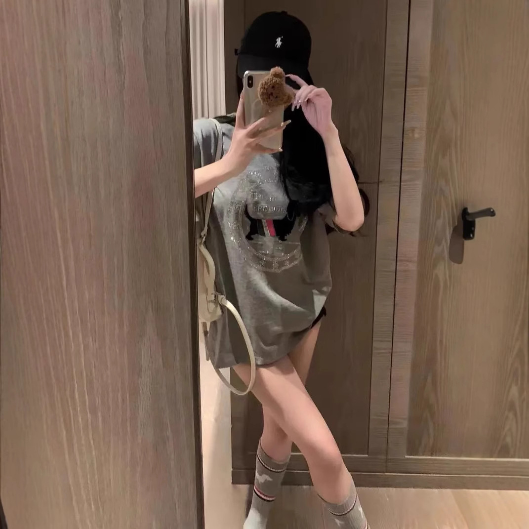 100% Pure Cotton Hot Drilling Printed Trendy Brand Short-sleeved T-shirt Women's Design Sense Niche Top Women's Slimming All-match Instagram Style