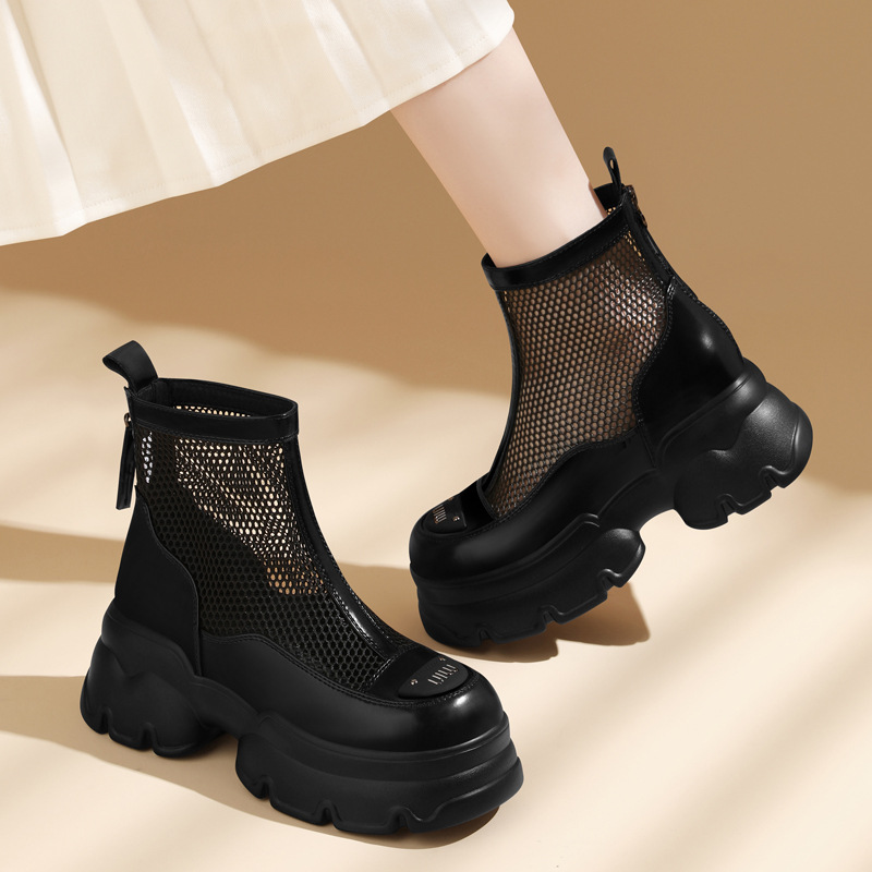 White Mesh Women's Ankle Boots With Chunky Heel And Soft Leather_voghion.com