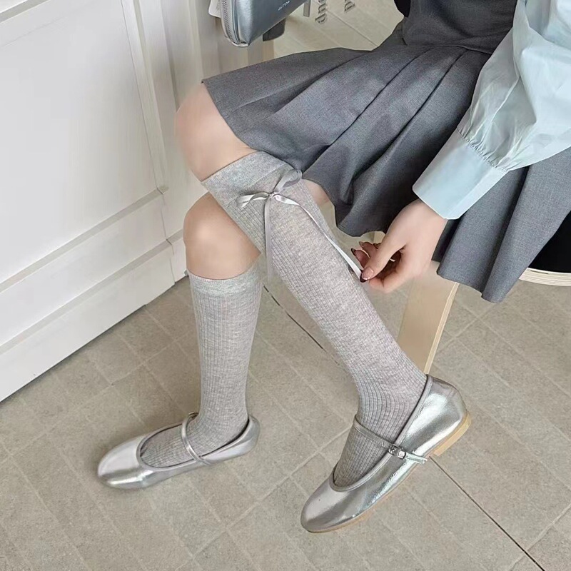 Bow Socks for Women with Ribbons, High-Looking Ballet Style Thin Socks, Mesh Splicing Calf Socks, Lolita Over-The-Knee Socks