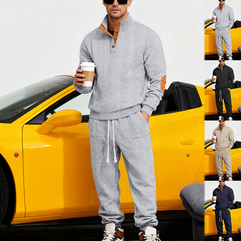 Men's Clothing Men's Casual Trousers Suit Heavy Texture Pattern Trend Stand Collar Henry Sweatshirt Style Autumn Winter Loose Fit_viptrois.com