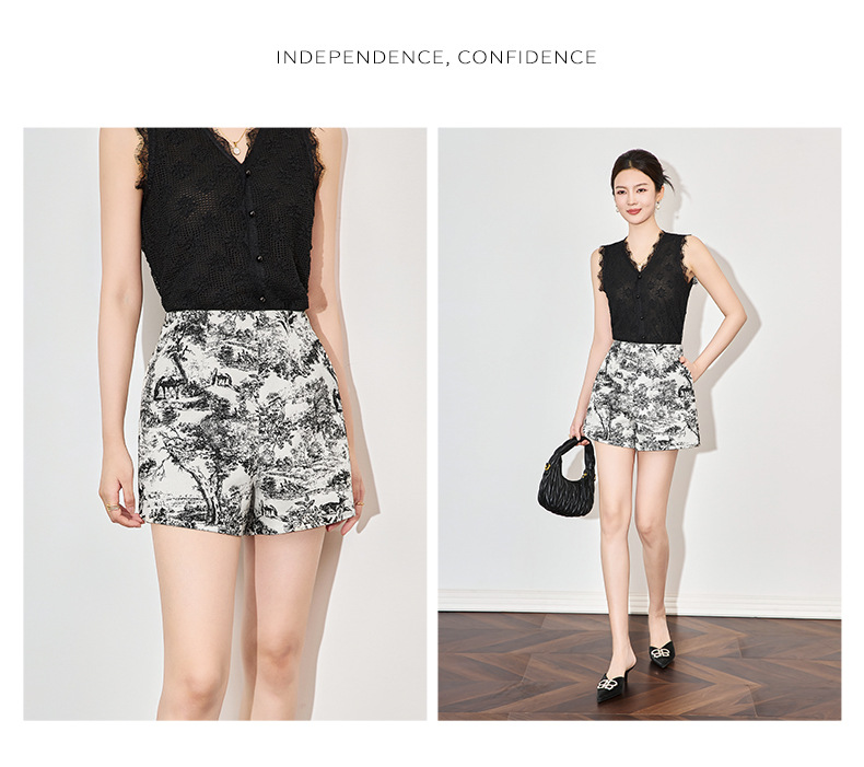 Quần short nữ cạp cao họa tiết tranh mực nổi jacquard phong cách thời trang cao cấp — Màu hoa chi tiết 8