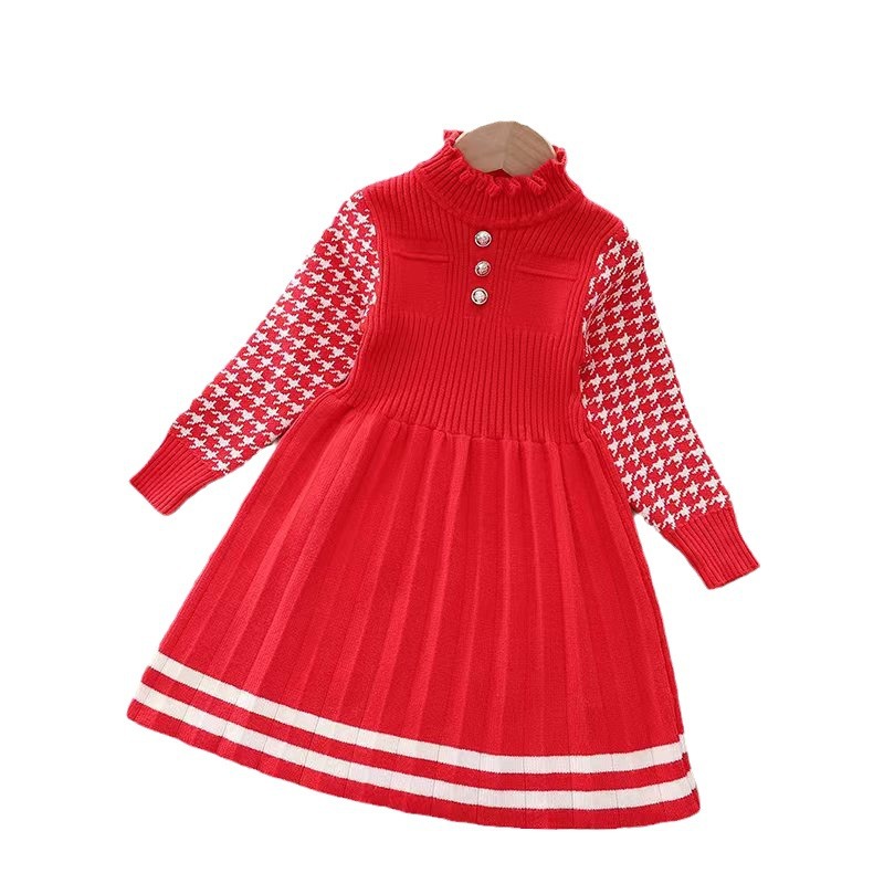 Herbst- und Winter-Set aus Wolle im englischen Stil für Mädchen im Alter von 1 bis 6 Jahren, gestricktes Prinzessinnenkleid mit Tausend-Vogel-Karomuster_voghion.com