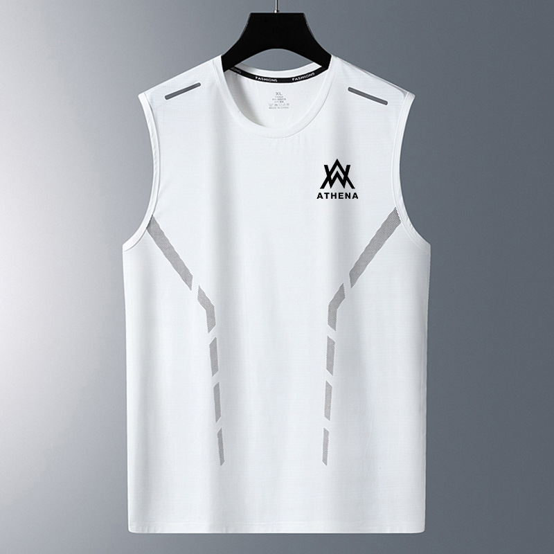 [Fast Shipping] Men's Ice Silk Vest Summer Sports Fitness Base Shirt Wide Shoulder Training Sleeveless T-Shirt