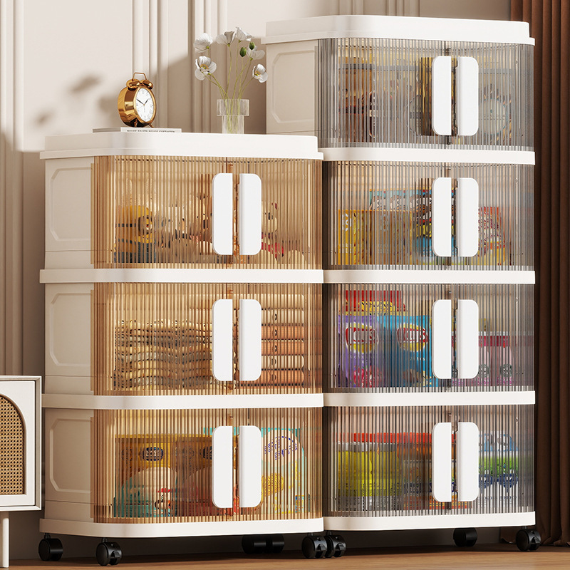 Folding sliding door storage cabinet for living room and bedroom, large-capacity movable storage cabinet, multi-layer clothing and toy organizer