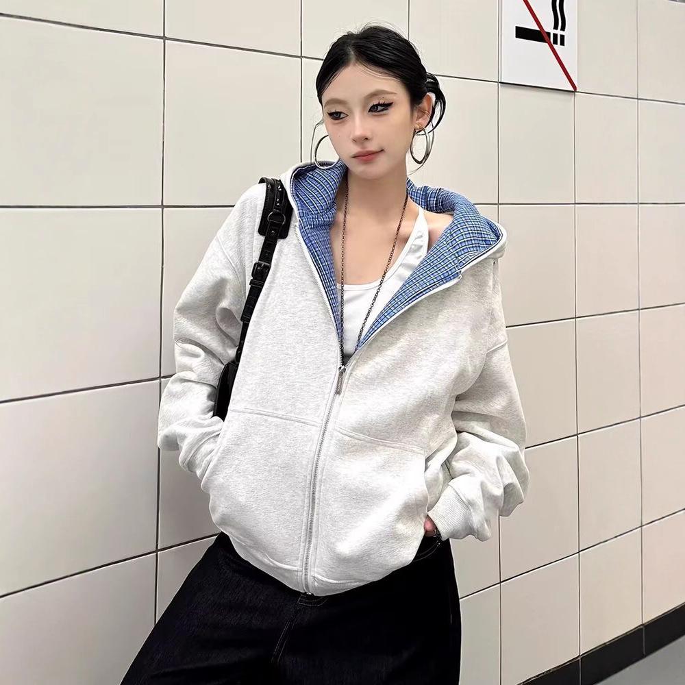 Autumn Solid Color Retro Plaid Patchwork Hoodie Cardigan Jacket for Women, Reversible Casual Loose Versatile Sweatshirt Trendy