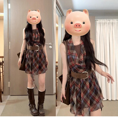 美式复古辣妹荡领挂脖连衣裙子女夏季2025新款小个子格纹气质短裙