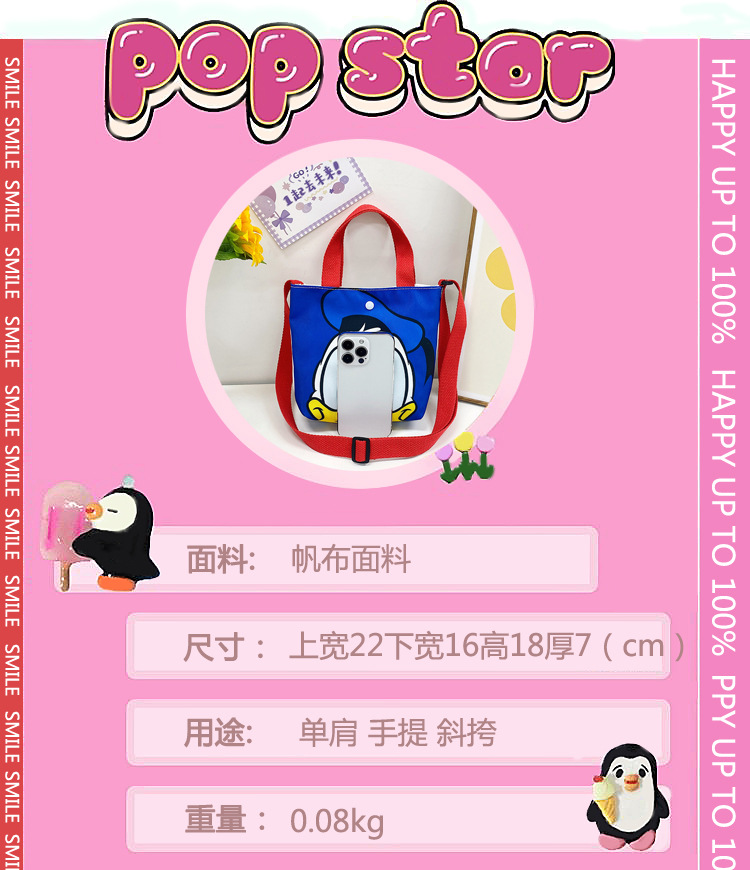 2023 Trendy and fashionable children's canvas cartoon printed crossbody bag, Korean version cute single-shoulder hand-held girls' coin purse Specification drawing
