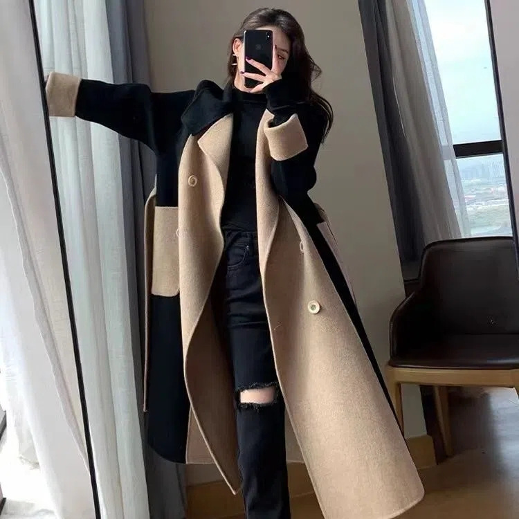 Winter New Loose Large Size Color Matching Hepburn Style Slim Woolen Outwear Women's Long Belt Outwear Winter New Loose Large Size Color Matching Hepburn Style Slim Woolen Outwear Women's Long Belt Outwear