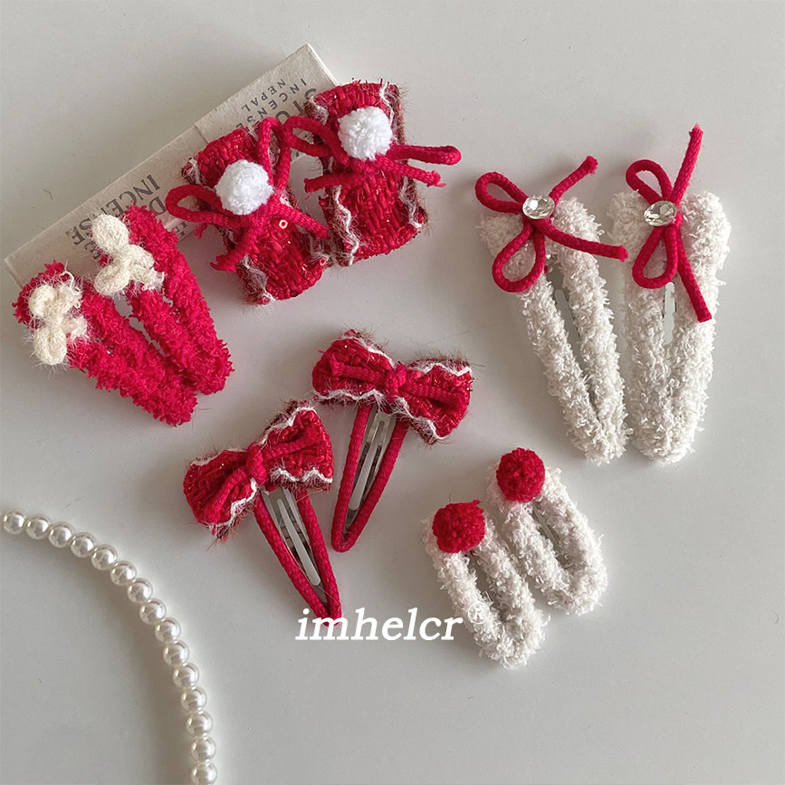 Beautiful Red Cashmere Bow Hairpin for the New Year ~ Sweet Girl Versatile Side Clip Hairpin for Autumn and Winter
