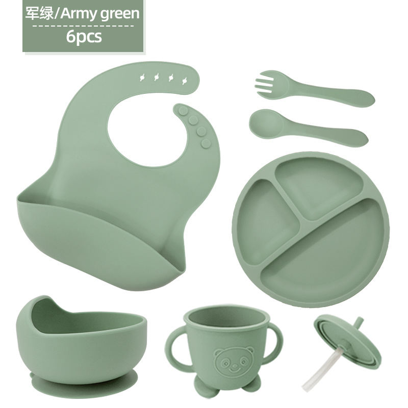 Vajilla de silicona para niños Juego de 6 piezas de silicona para bebés Tazón de alimentos complementarios separados Cuchara tenedor Taza para aprender a beber Juego de vajilla para madres y bebés