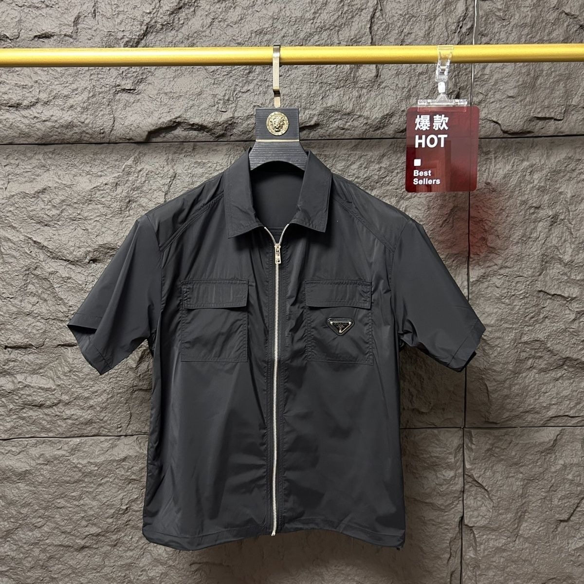 Prada Shirt Short Sleeve Zip-Up Triangle Logo Black