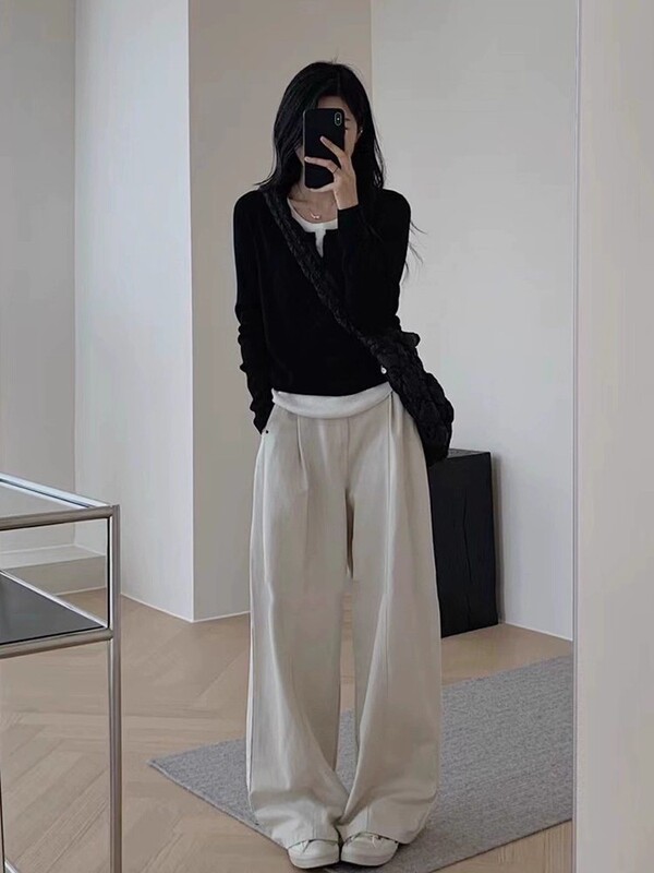 黑色假两件长袖T恤女春秋不规则拼接修身显瘦内搭针织打底衫上衣|undefined