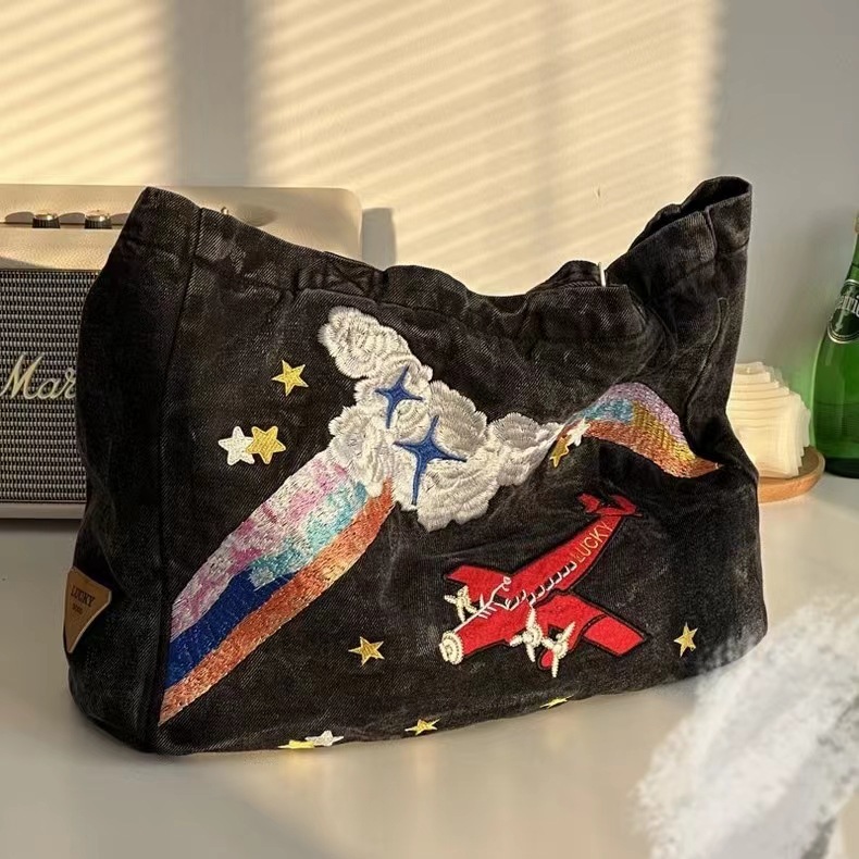 Women's Large Denim Star Airplane Vintage Style Zipper Tote Bag display picture 1