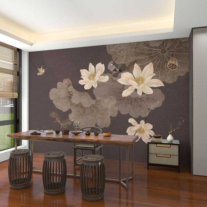 壁画3d立体中式意境荷花电视背景墙壁纸客厅壁布装饰墙布墙纸|undefined