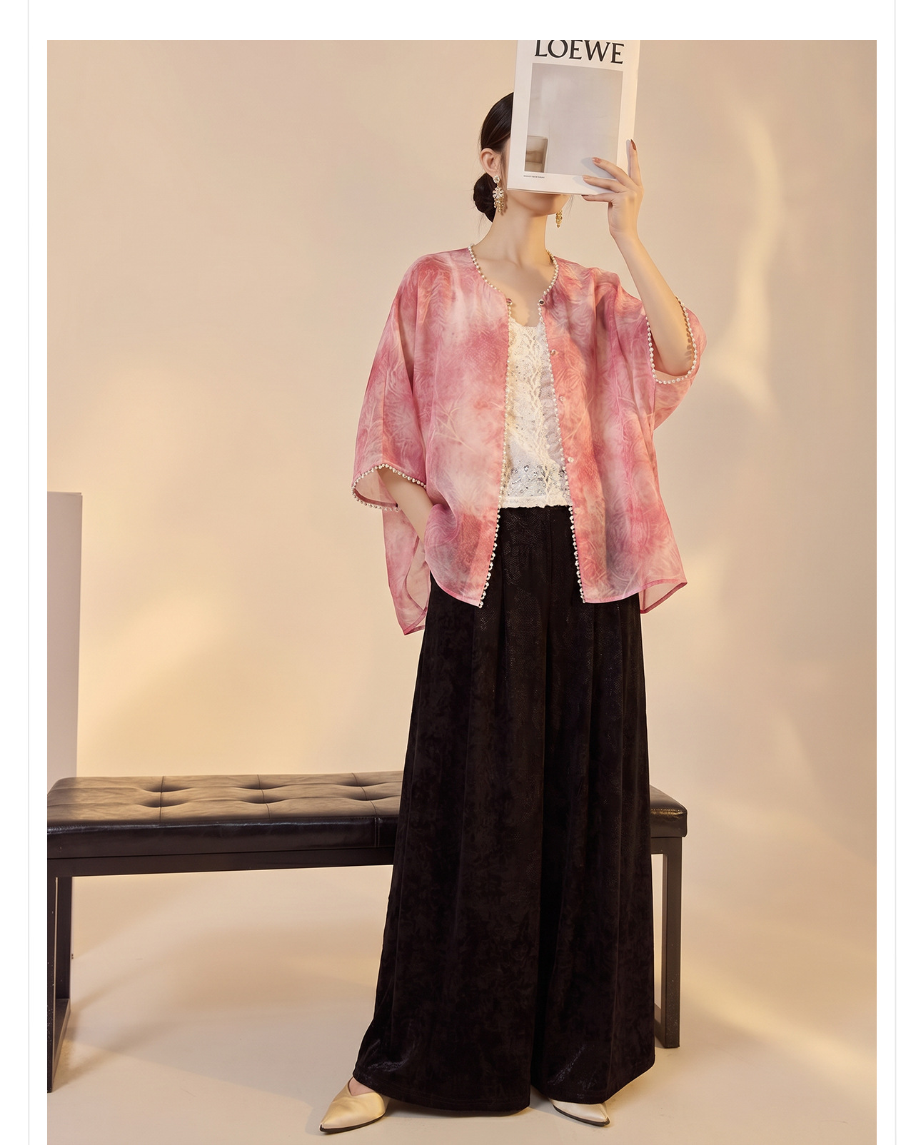 Áo cardigan mùa hè mỏng nhẹ thoáng khí, họa tiết in chống nắng đính cườm, dáng rộng — Xanh da trờicolor, Thái Đường chi tiết 13