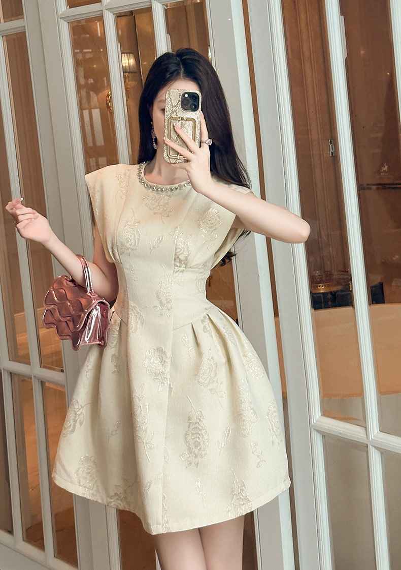 Váy chữ A phồng retro đính kim cương giả tôn eo — Màu vàng mơ chi tiết 8