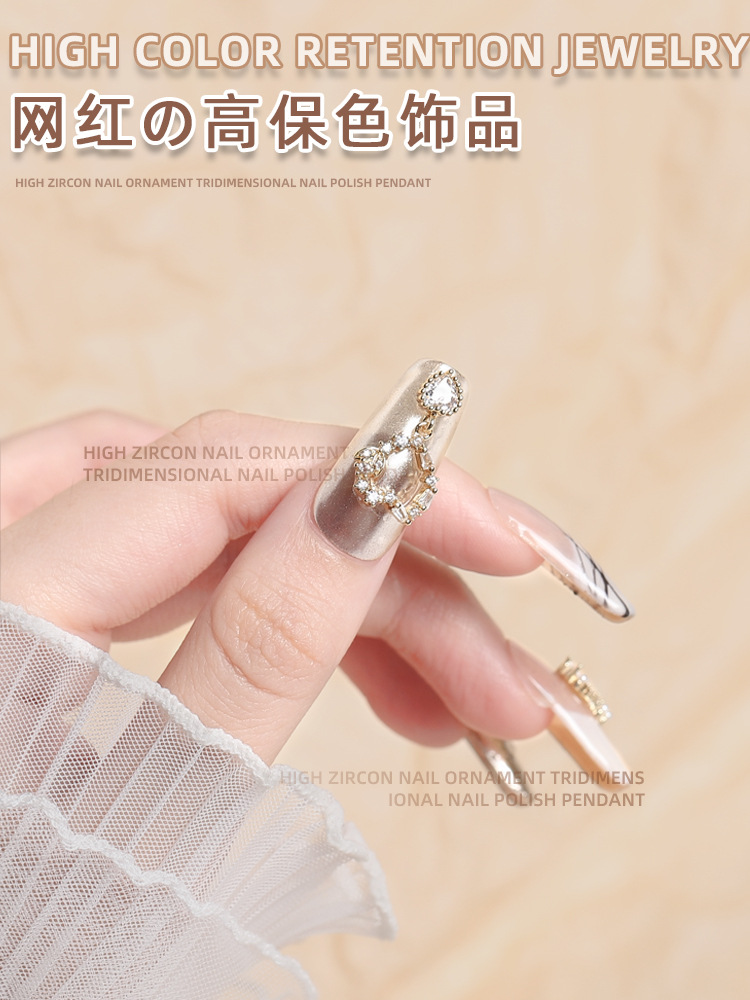 Internet Celebrity full Diamond Love circón Luz de lujo joyería de uñas perla colgante de metal en forma de corazón diamante oro plata fototerapia Decoración