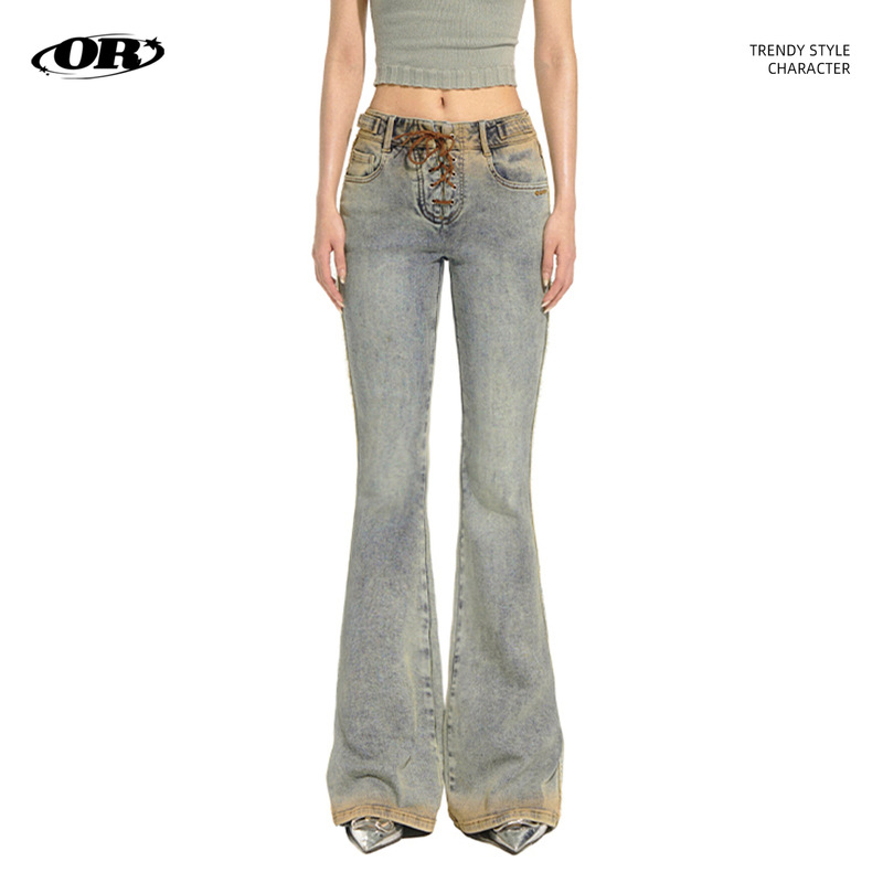 OREETA Vintage Washed Design Sense Strap Jeans Women's Fashion Brand Elastic Slim Low Waist Micro-Lasher Jeans
